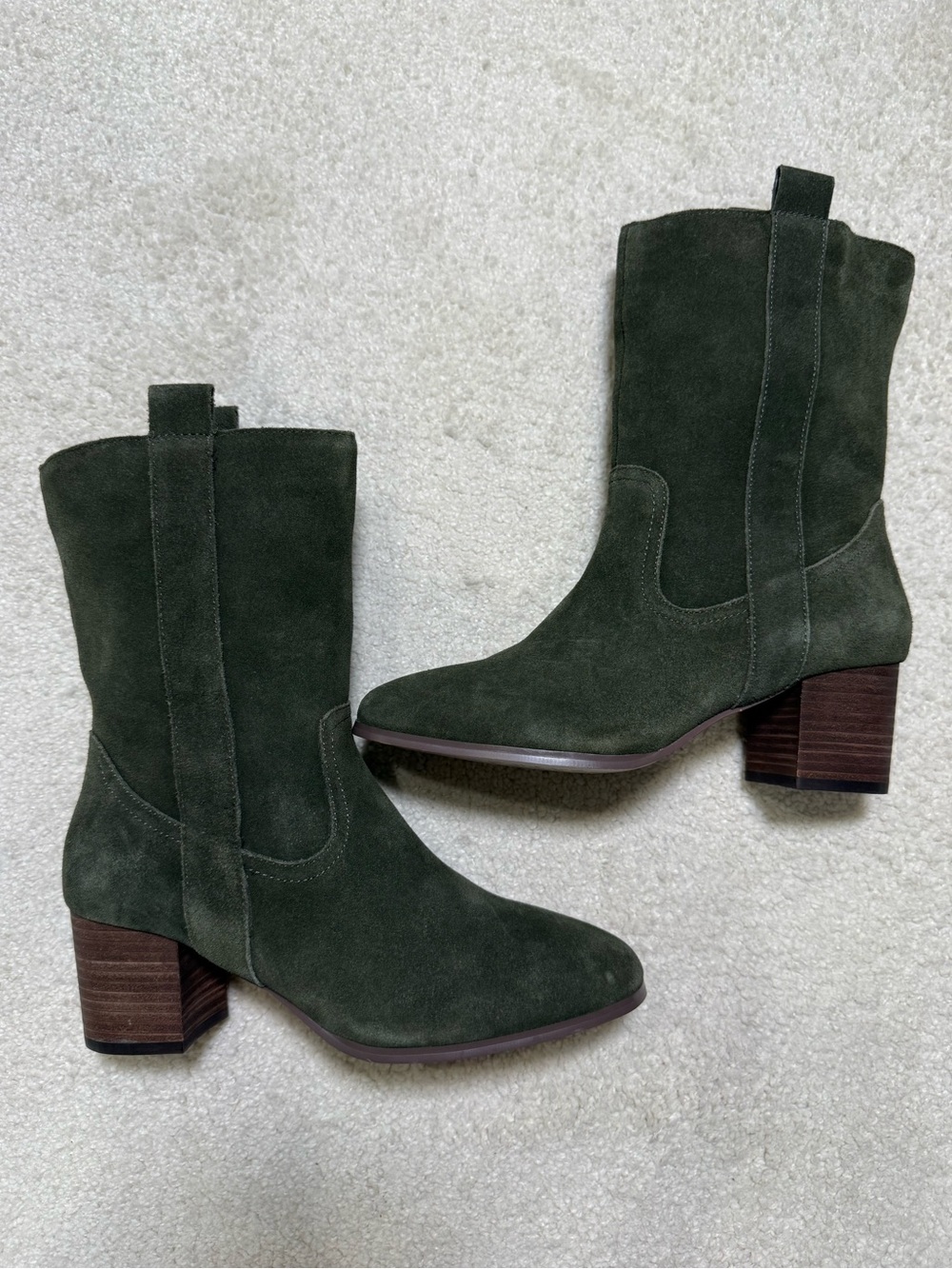 Violet & Red Jarah Leather Suede Mid-Calf Block Heel Boots Olive Green Size 8